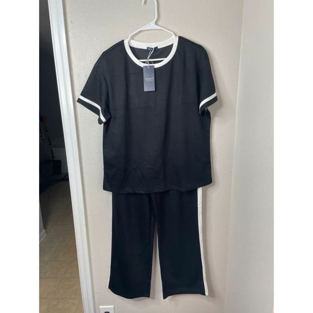 Sampeel Black & White Two Piece Lounge Set Size Large Wide Leg Pants NWT